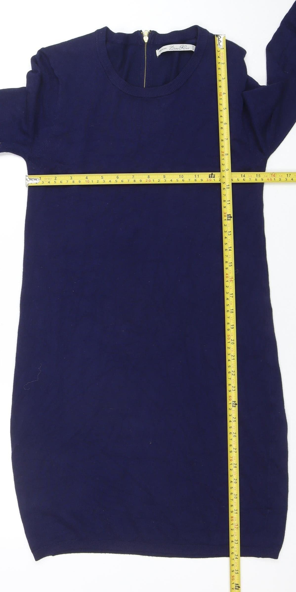 Zara Knit Women Blue Knee Length Sweater Dress M 3/4 Sleeve Zip Back