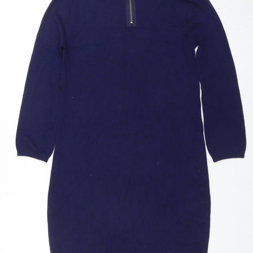 Zara Knit Women Blue Knee Length Sweater Dress M 3/4 Sleeve Zip Back