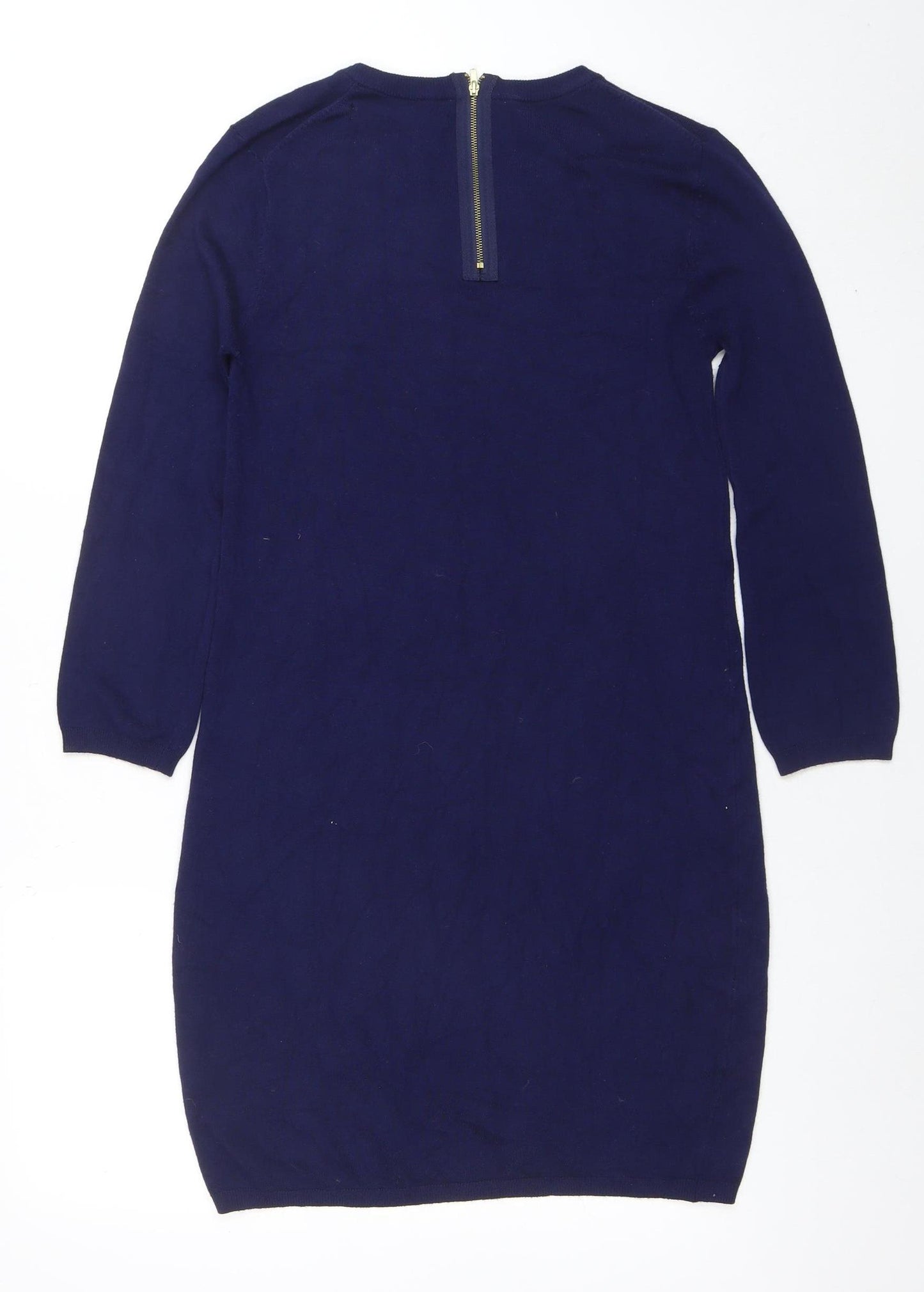 Zara Knit Women Blue Knee Length Sweater Dress M 3/4 Sleeve Zip Back