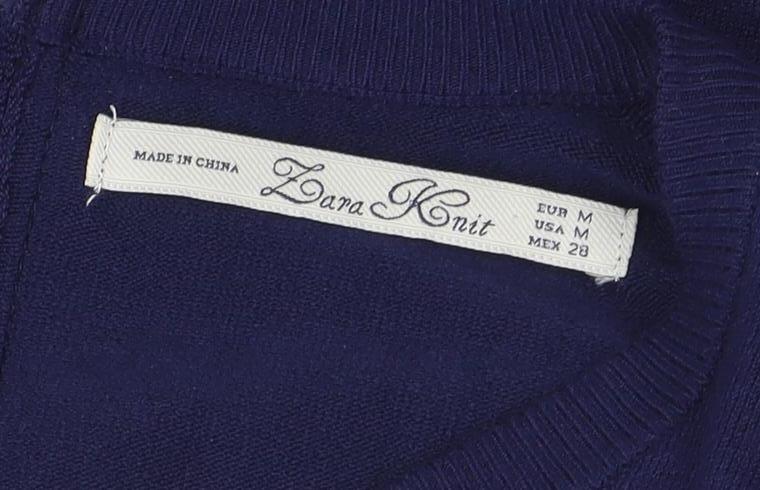 Zara Knit Women Blue Knee Length Sweater Dress M 3/4 Sleeve Zip Back