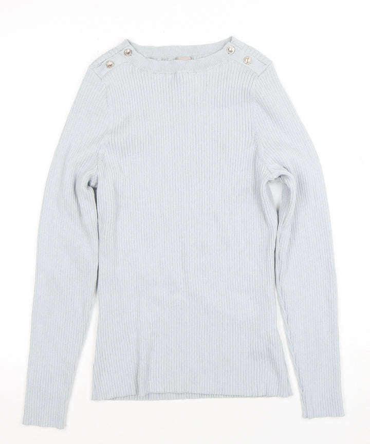 H&M Women's Grey Ribbed Boat Neck Slim Fit Knit Jumper M