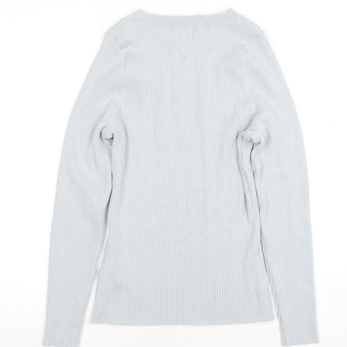 H&M Women's Grey Ribbed Boat Neck Slim Fit Knit Jumper M