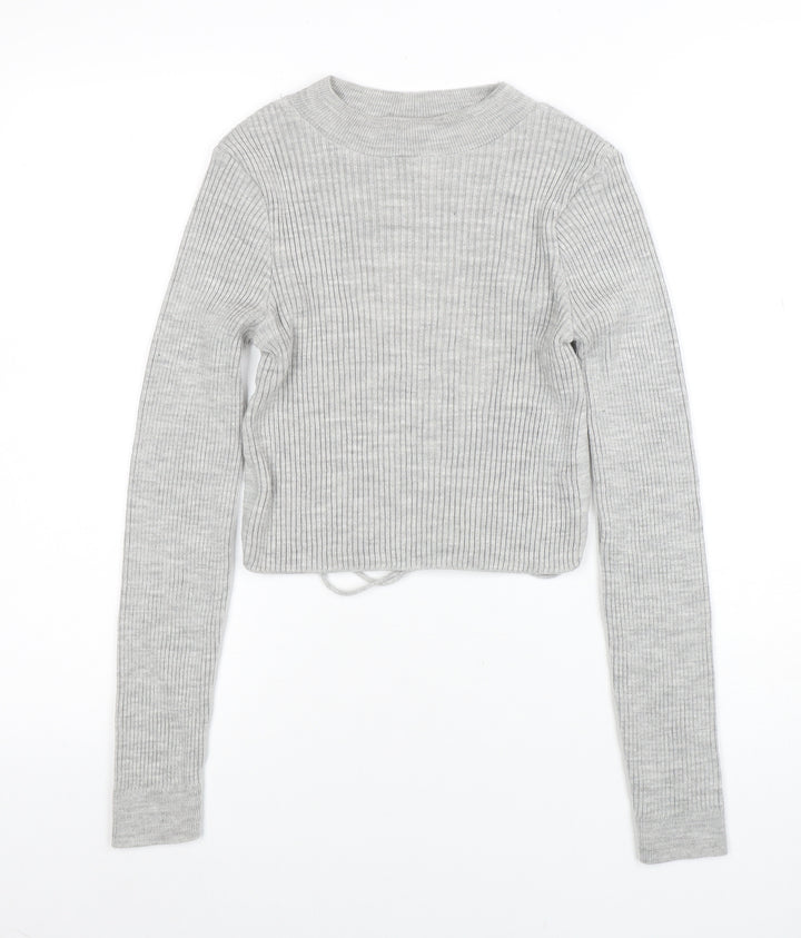 Collusion Women's Grey Ribbed Knit Crew Neck Slim Jumper Size 8