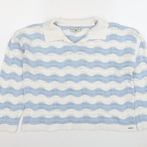 Lee Cooper Womens Blue White Collared Knit Jumper Size L Cotton Pullover