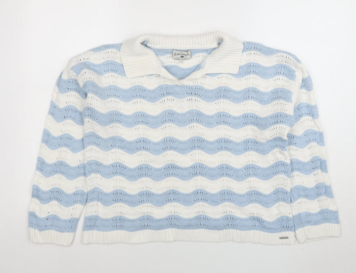 Lee Cooper Womens Blue White Collared Knit Jumper Size L Cotton Pullover