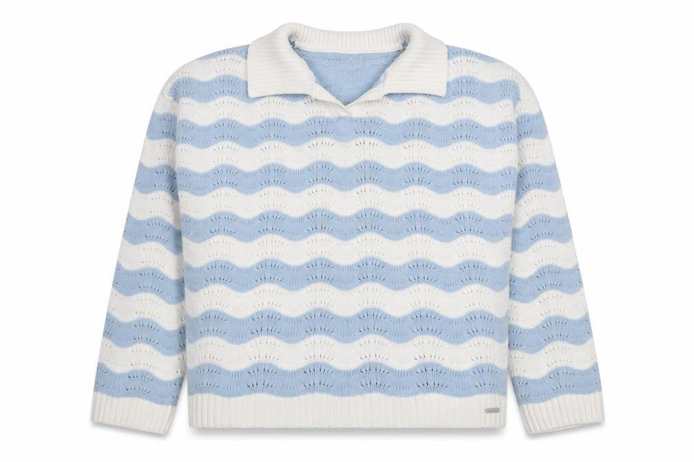 Front view of Lee Cooper women’s blue white collared knit jumper, size L, cotton pullover