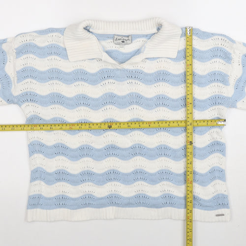 Lee Cooper Womens Blue White Collared Knit Jumper Size L Cotton Pullover