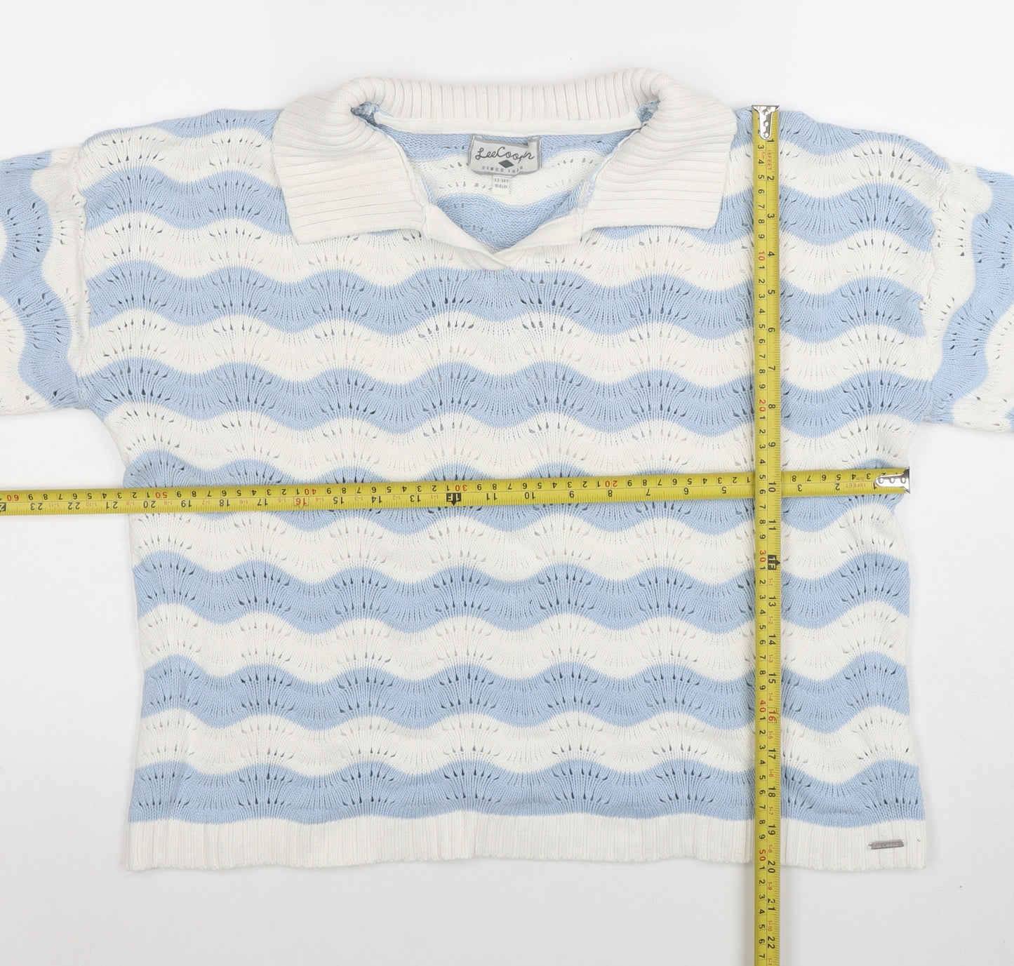 Lee Cooper Womens Blue White Collared Knit Jumper Size L Cotton Pullover