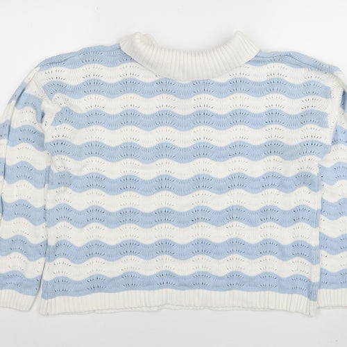 Lee Cooper Womens Blue White Collared Knit Jumper Size L Cotton Pullover