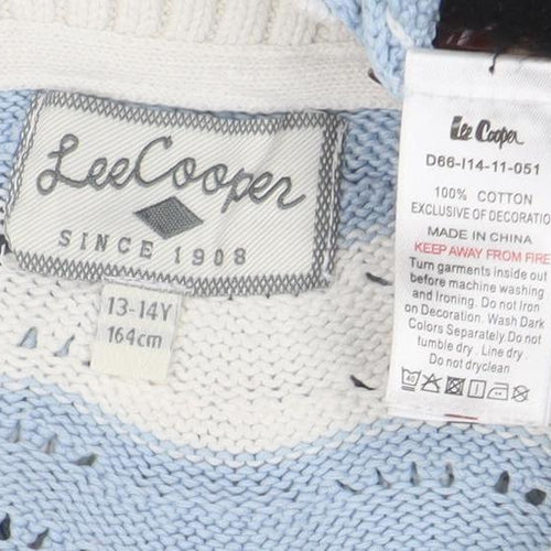 Lee Cooper Womens Blue White Collared Knit Jumper Size L Cotton Pullover
