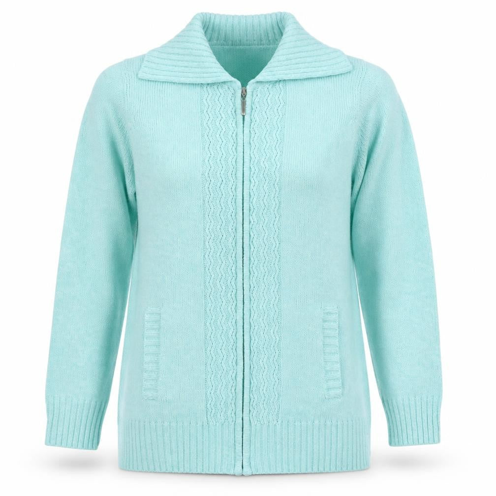 Isle Women Green M Full Zip Collared Long Sleeve Knit Jumper