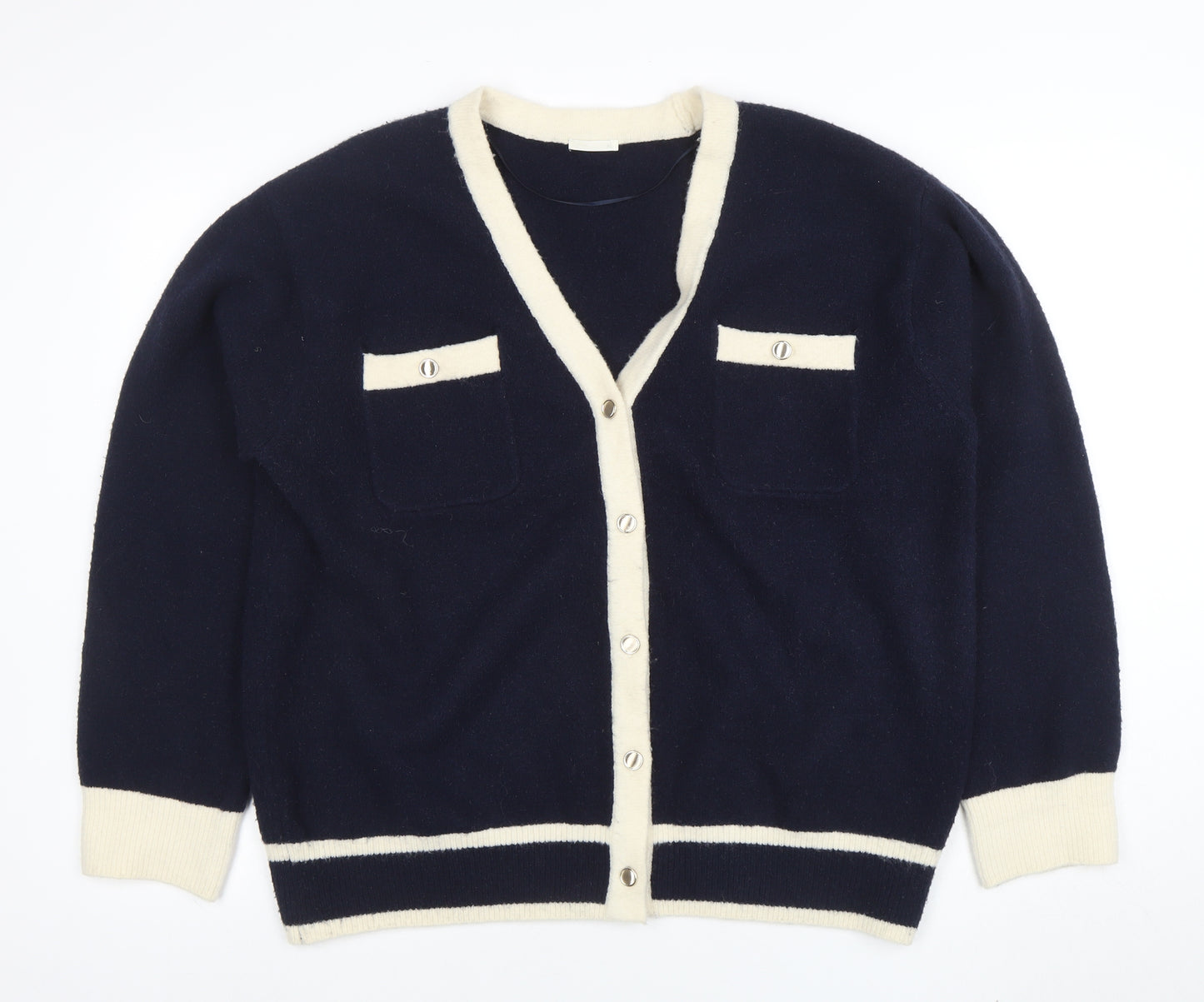 GU Women’s Blue and Cream Cardigan XL V-Neck Knit Jumper