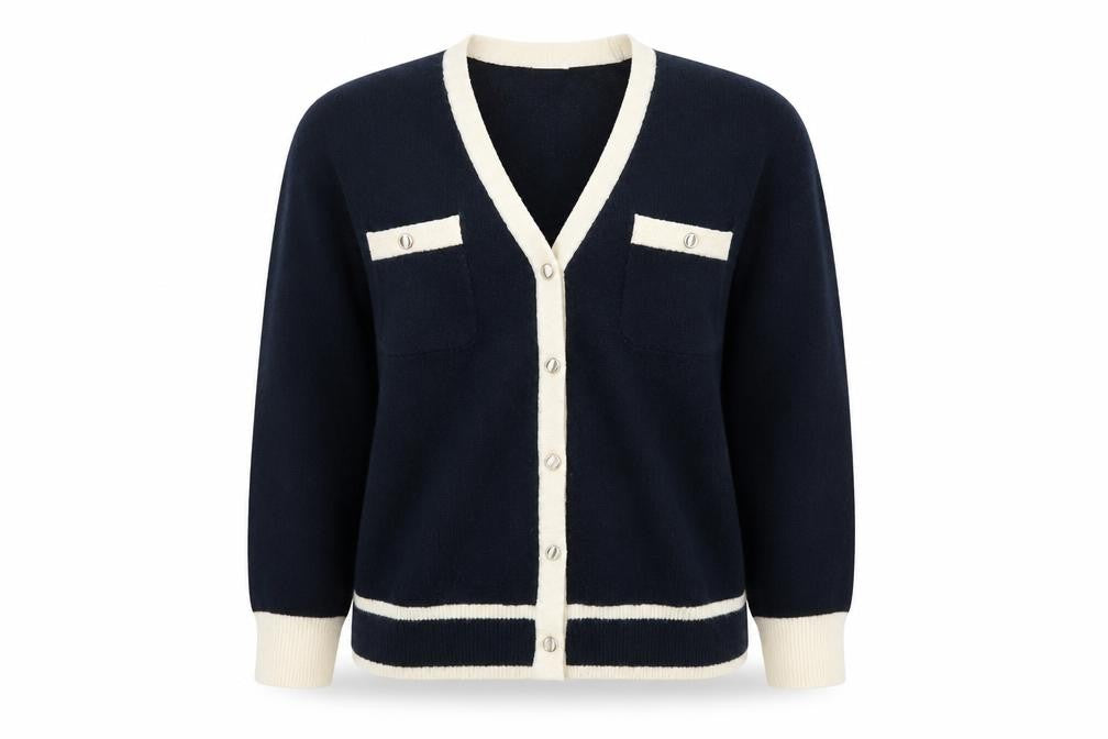 GU Women’s Blue and Cream Cardigan XL V-Neck Knit Jumper