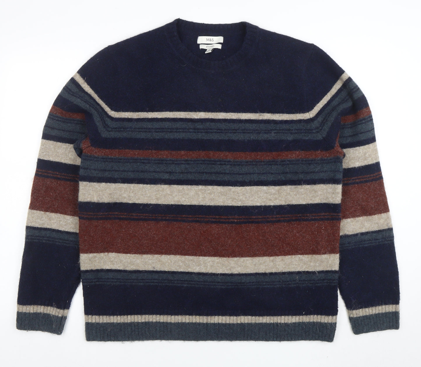 Marks and Spencer Men's Multicoloured Wool Blend Striped Jumper L