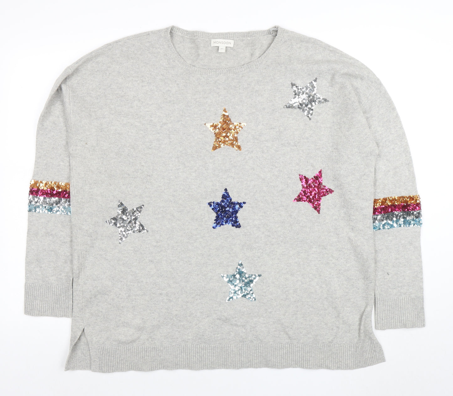 Monsoon Womens Grey Sequin Star Wool Blend Crew Neck Jumper XL