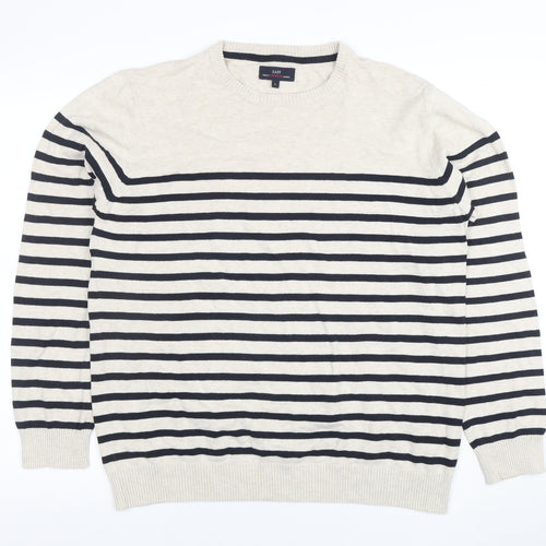 EASY Men’s Beige Striped Cotton Crew Neck Pullover Jumper L