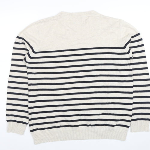 EASY Men’s Beige Striped Cotton Crew Neck Pullover Jumper L