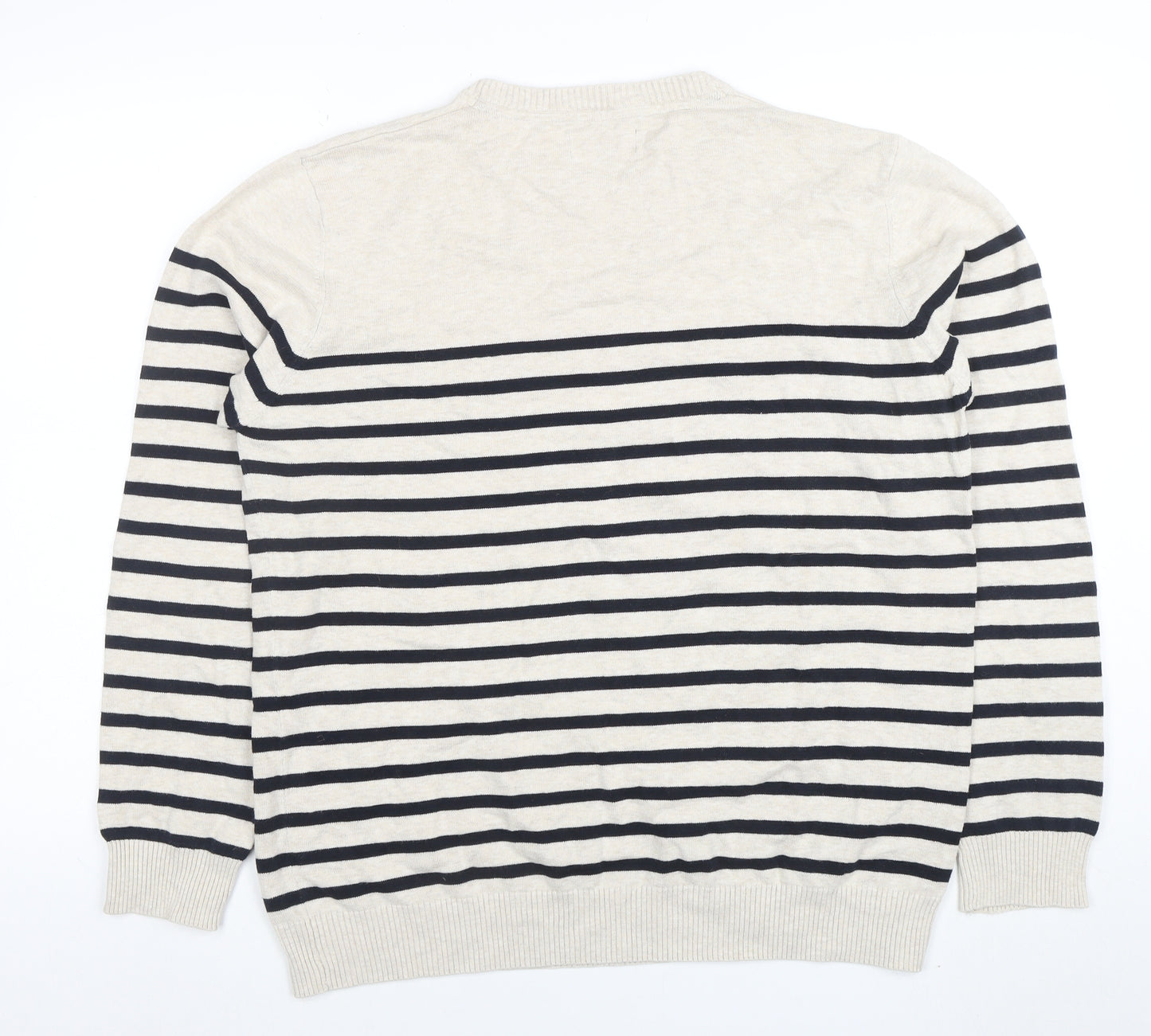 EASY Men’s Beige Striped Cotton Crew Neck Pullover Jumper L