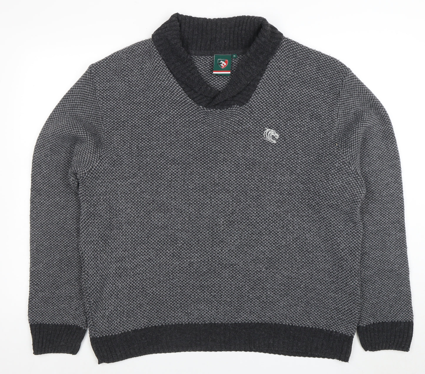 Leicester Tigers Mens Grey XL Chunky Knit Shawl Collar Jumper