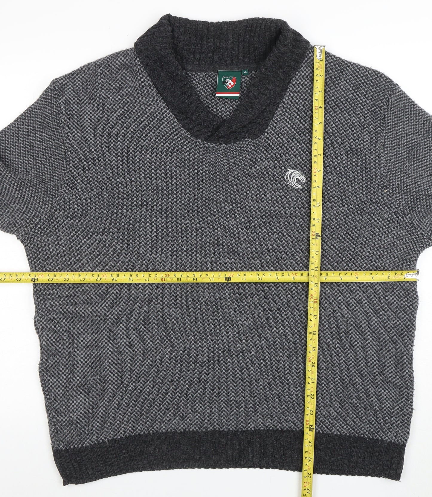 Leicester Tigers Mens Grey XL Chunky Knit Shawl Collar Jumper