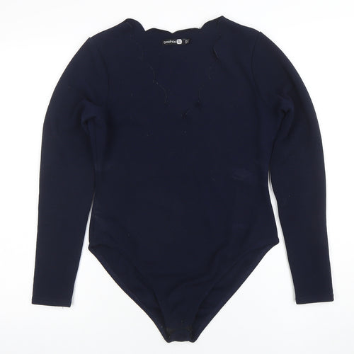 Boohoo Women Navy Long Sleeve Scallop Neck Bodysuit UK 12