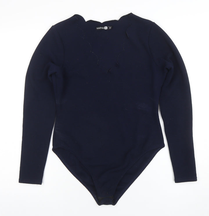 Boohoo Women Navy Long Sleeve Scallop Neck Bodysuit UK 12