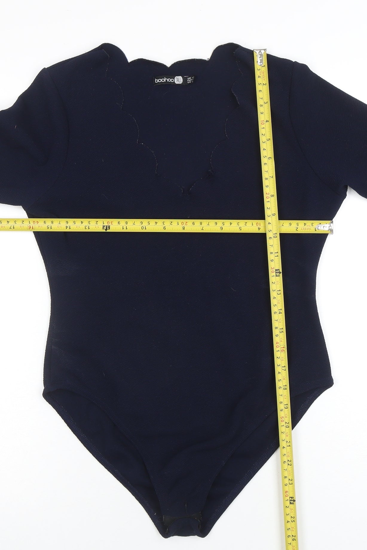 Boohoo Women Navy Long Sleeve Scallop Neck Bodysuit UK 12