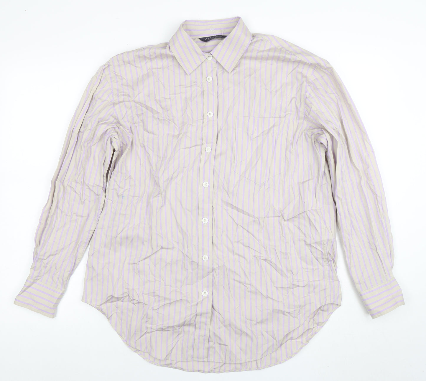 Marks and Spencer Women’s Beige Purple Striped Cotton Button-Up Shirt Size 10