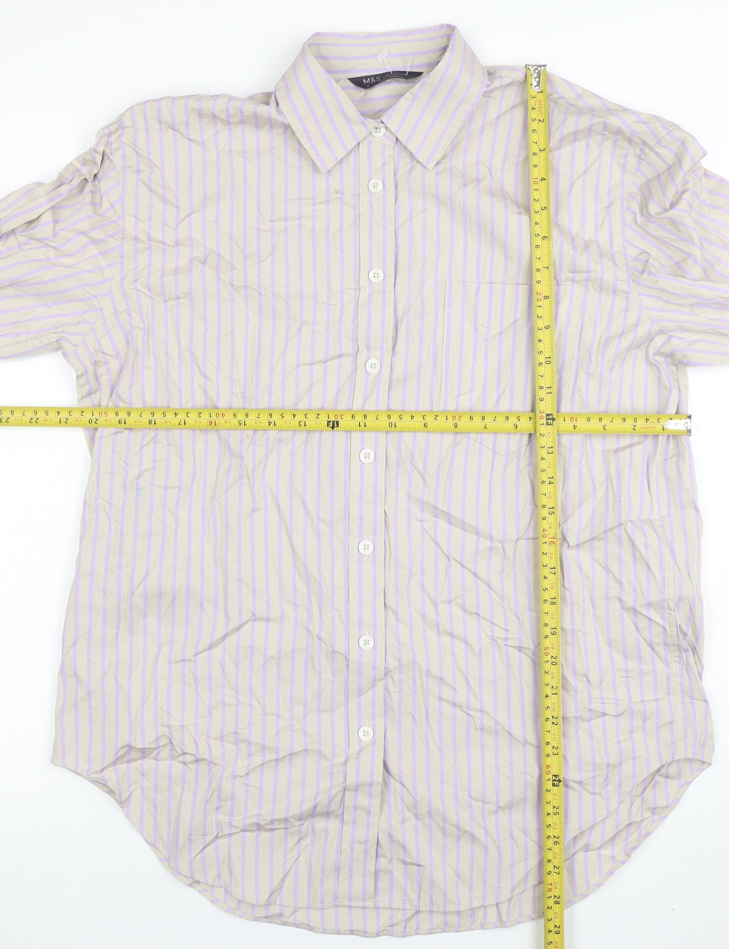 Marks and Spencer Women’s Beige Purple Striped Cotton Button-Up Shirt Size 10