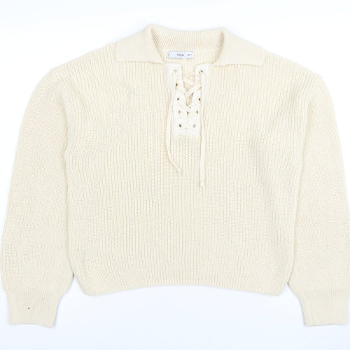 MNG Womens Ivory Collared Lace-Up Henley Knit Jumper Size L