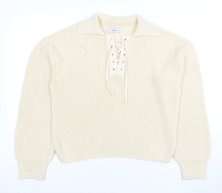 MNG Womens Ivory Collared Lace-Up Henley Knit Jumper Size L