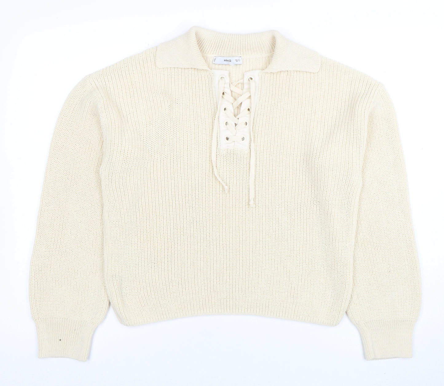 MNG Womens Ivory Collared Lace-Up Henley Knit Jumper Size L