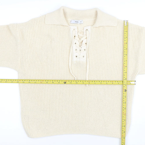 MNG Womens Ivory Collared Lace-Up Henley Knit Jumper Size L