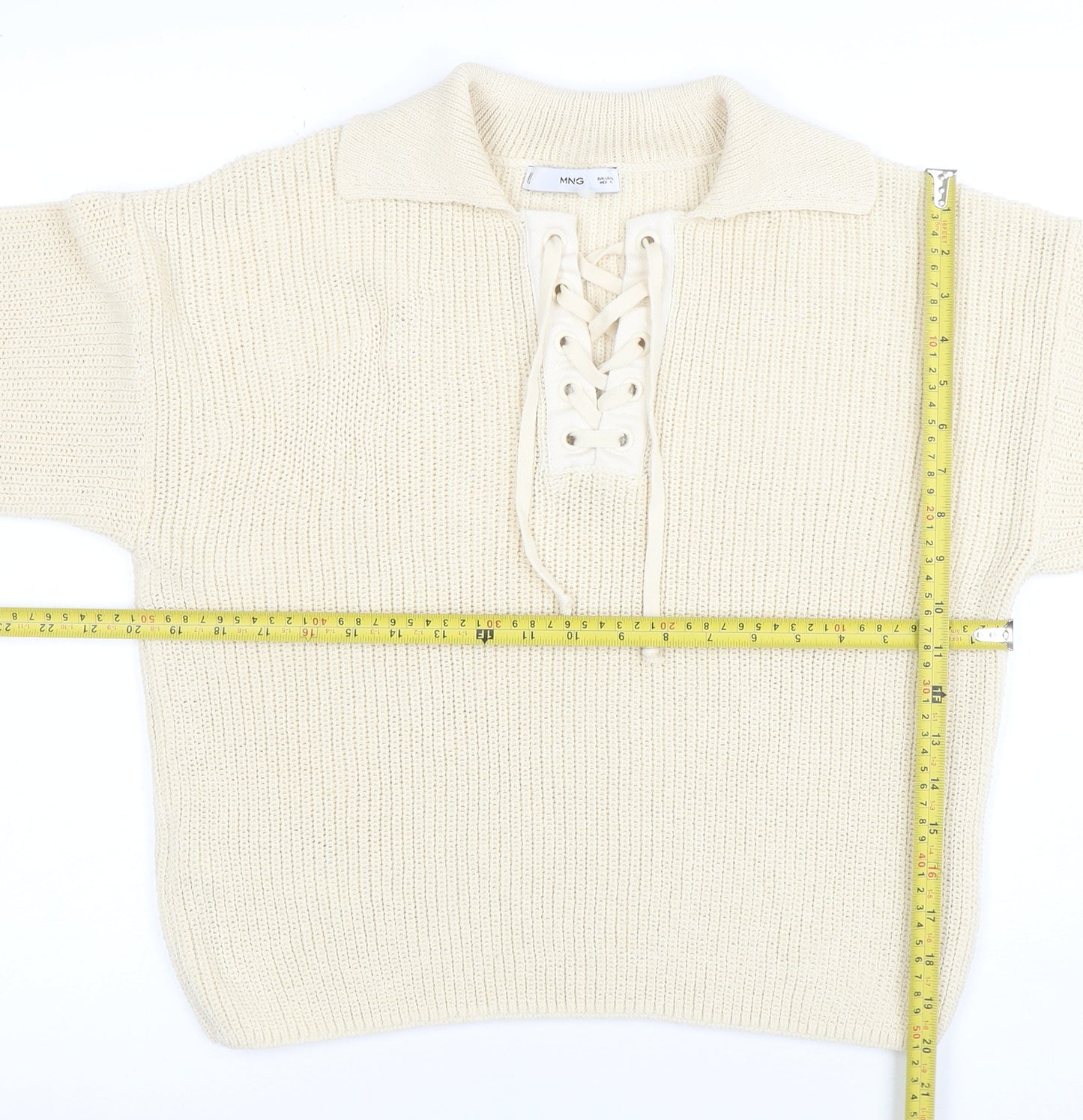 MNG Womens Ivory Collared Lace-Up Henley Knit Jumper Size L