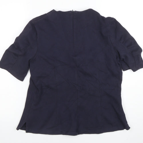 Marks and Spencer Women’s Navy Blue Cotton Blend Short Sleeve High Neck Blouse UK 14