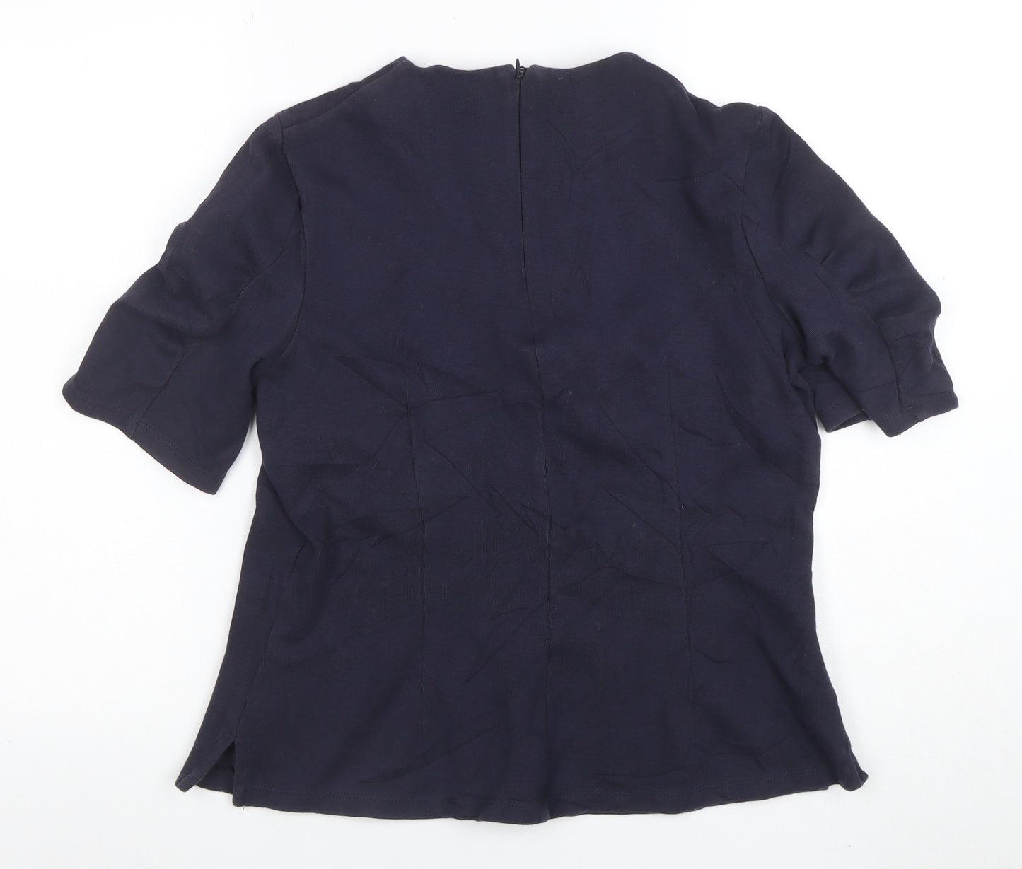 Marks and Spencer Women’s Navy Blue Cotton Blend Short Sleeve High Neck Blouse UK 14
