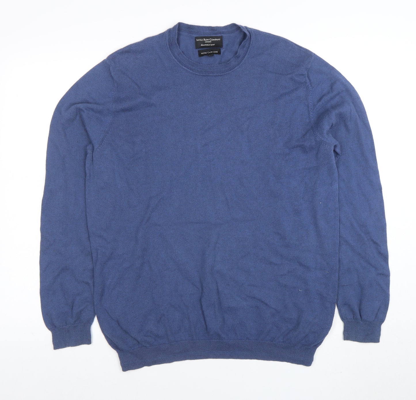 Savile Row Company Men’s Blue Cotton Cashmere Crew Neck Jumper L