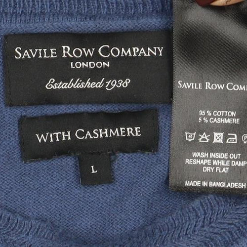 Savile Row Company Men’s Blue Cotton Cashmere Crew Neck Jumper L