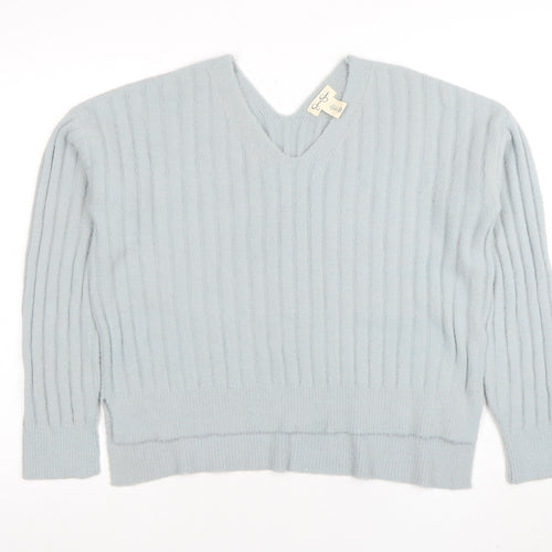Jessica Simpson Women Blue V-Neck Ribbed Pullover Jumper L