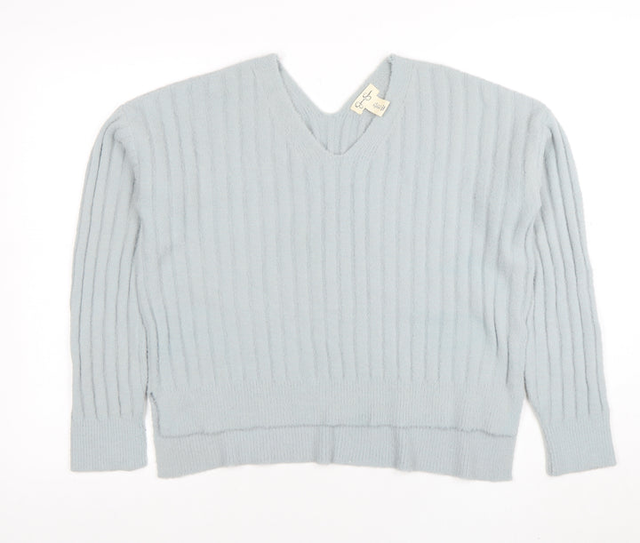 Jessica Simpson Women Blue V-Neck Ribbed Pullover Jumper L
