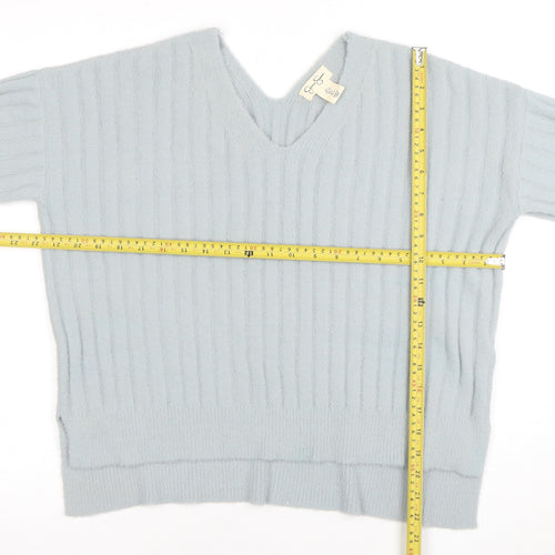 Jessica Simpson Women Blue V-Neck Ribbed Pullover Jumper L