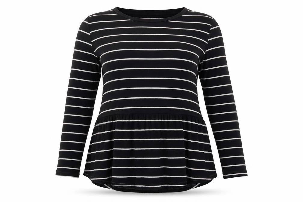 Front view of Mango Women Black Striped Long Sleeve Tunic Blouse, size M