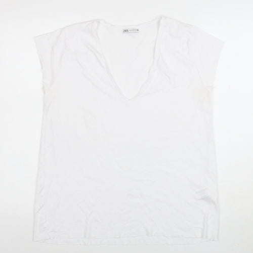 ZARA Women White Basic V-Neck Cotton T-Shirt Size XL