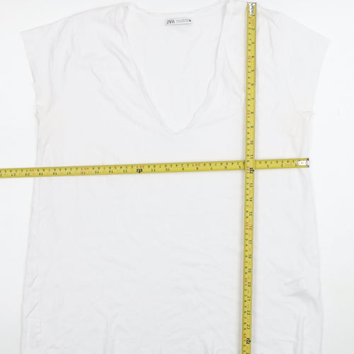 ZARA Women White Basic V-Neck Cotton T-Shirt Size XL