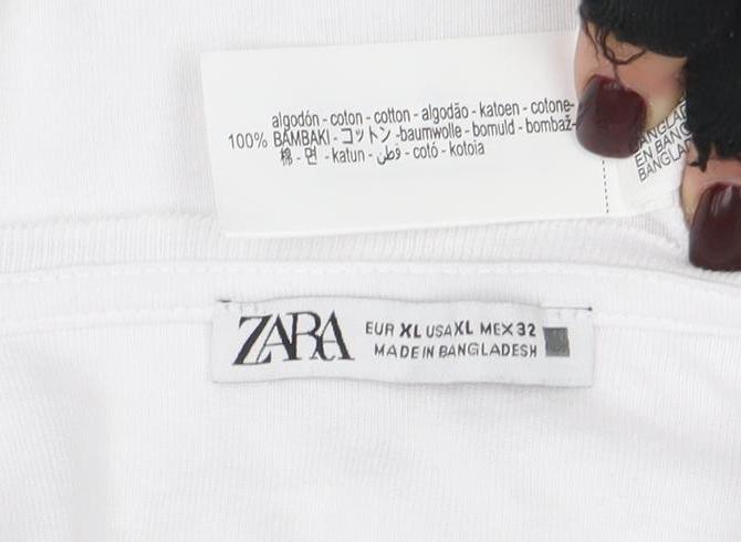 ZARA Women White Basic V-Neck Cotton T-Shirt Size XL