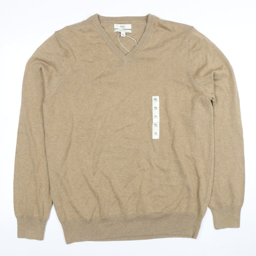 Marks and Spencer Men's Beige XL V-Neck Cotton Jumper