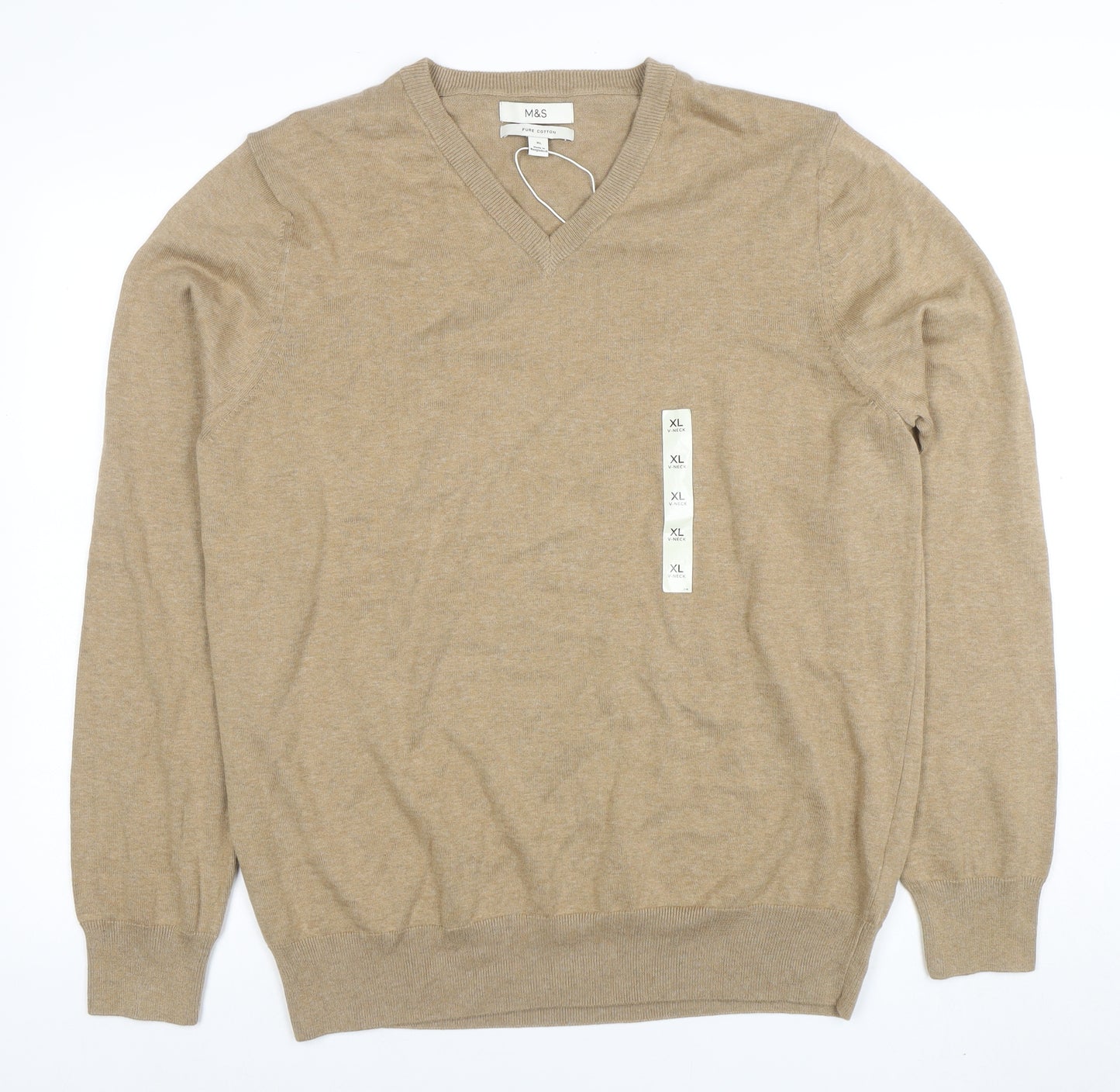 Marks and Spencer Men's Beige XL V-Neck Cotton Jumper
