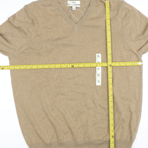 Marks and Spencer Men's Beige XL V-Neck Cotton Jumper