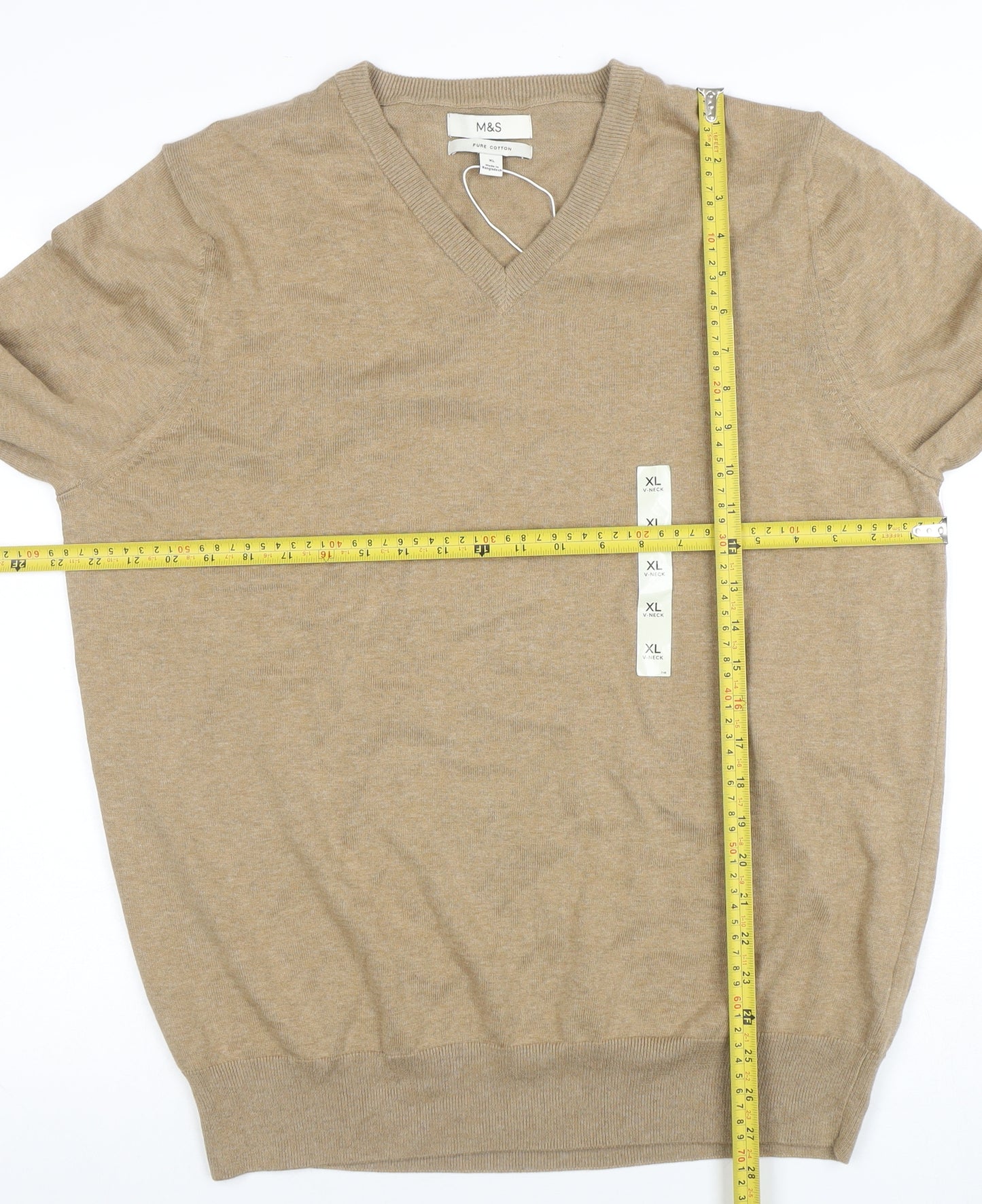 Marks and Spencer Men's Beige XL V-Neck Cotton Jumper