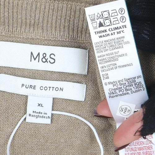 Marks and Spencer Men's Beige XL V-Neck Cotton Jumper